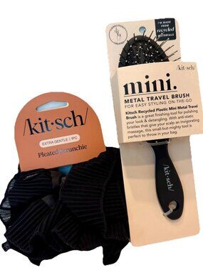 Kit•sch Mini Metal Travel Brush & Pleated Scrunchie Extra Gentle New 2pc Lot